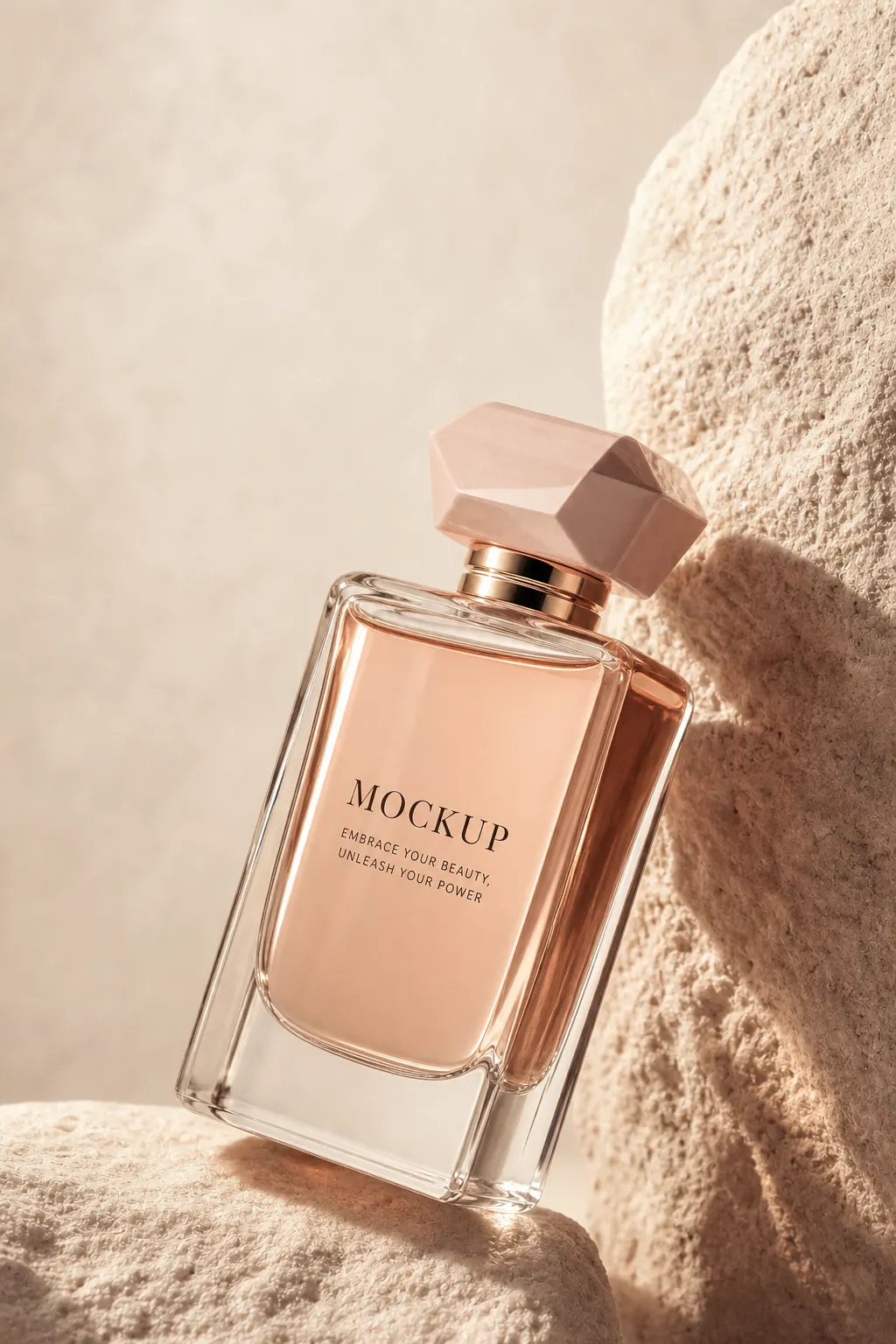 Pink Perfume Bottle Mockup on Stone Background｜AI Image Generation Prompts