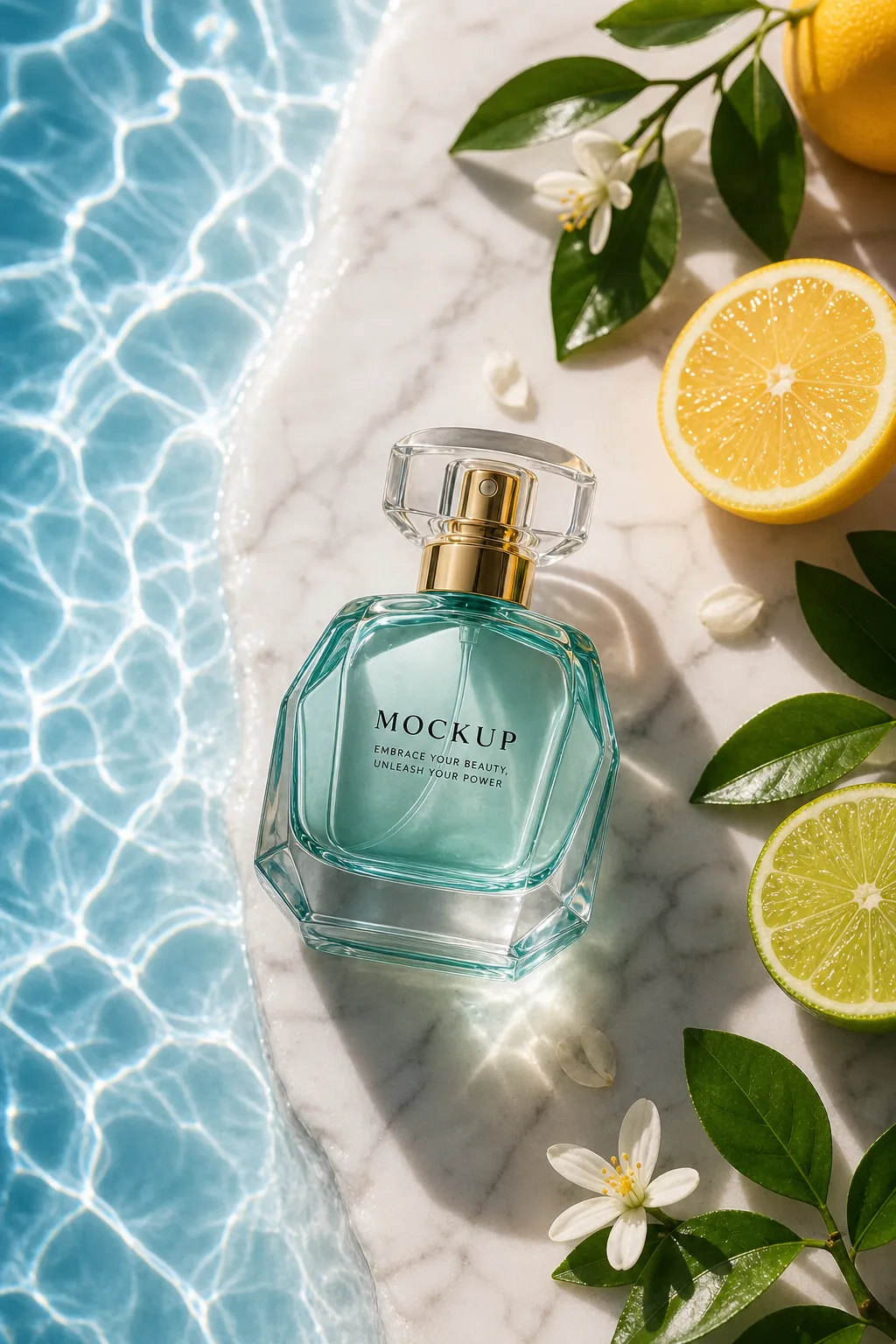 Perfume bottle mockup with citrus and pool water｜AI Image Generation Prompts