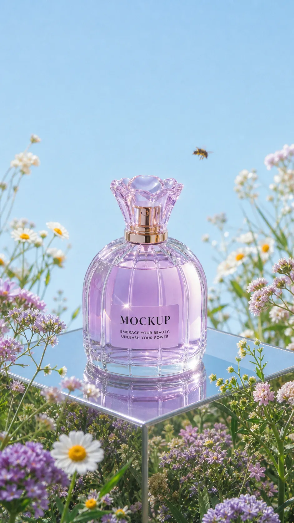 Purple Perfume Bottle Mockup in Flower Field｜AI Image Generation Prompts