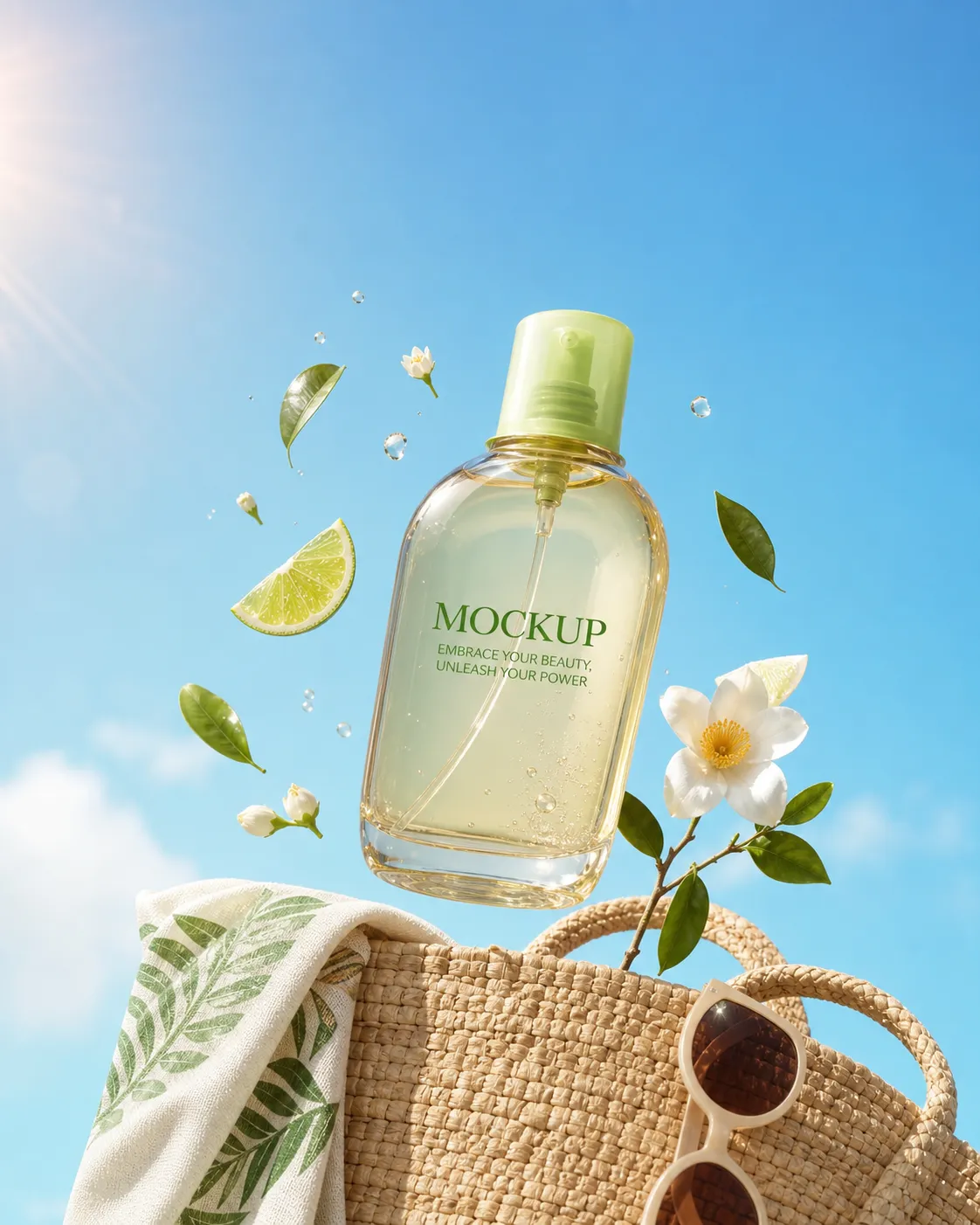 Summer spray bottle mockup with beach accessories｜AI Image Generation Prompts