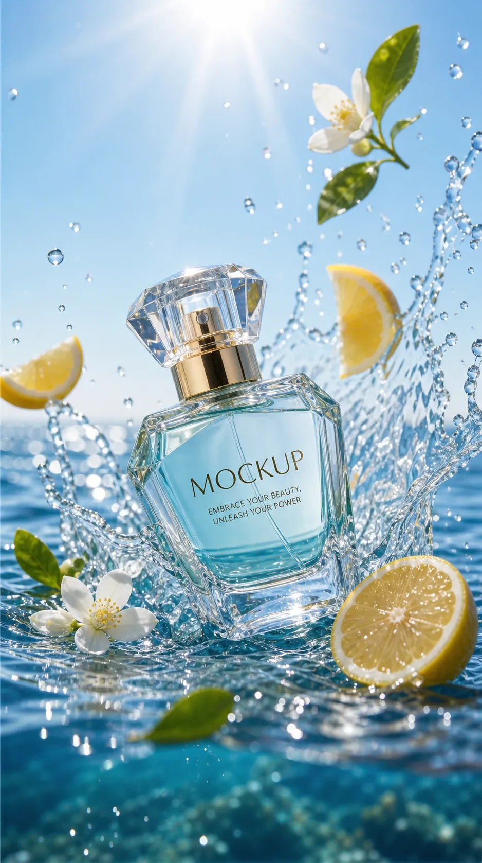 Fresh Perfume Bottle Mockup with Lemon and Water Splash｜AI Image Generation Prompts