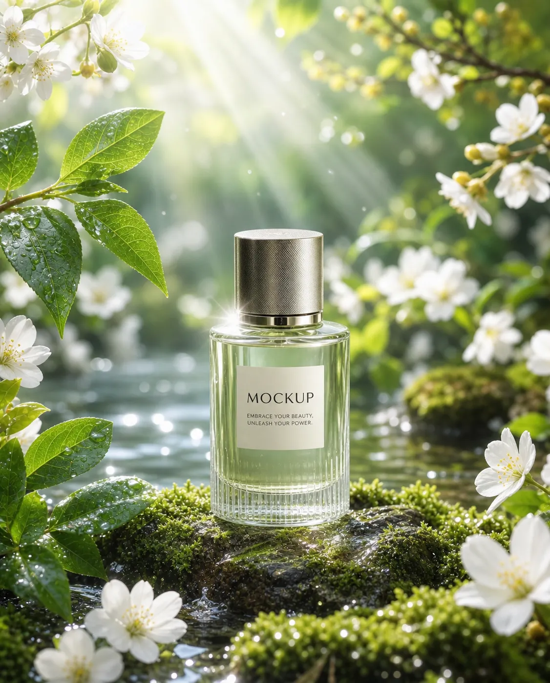 Perfume Bottle Mockup in Nature with White Flowers｜AI Image Generation Prompts