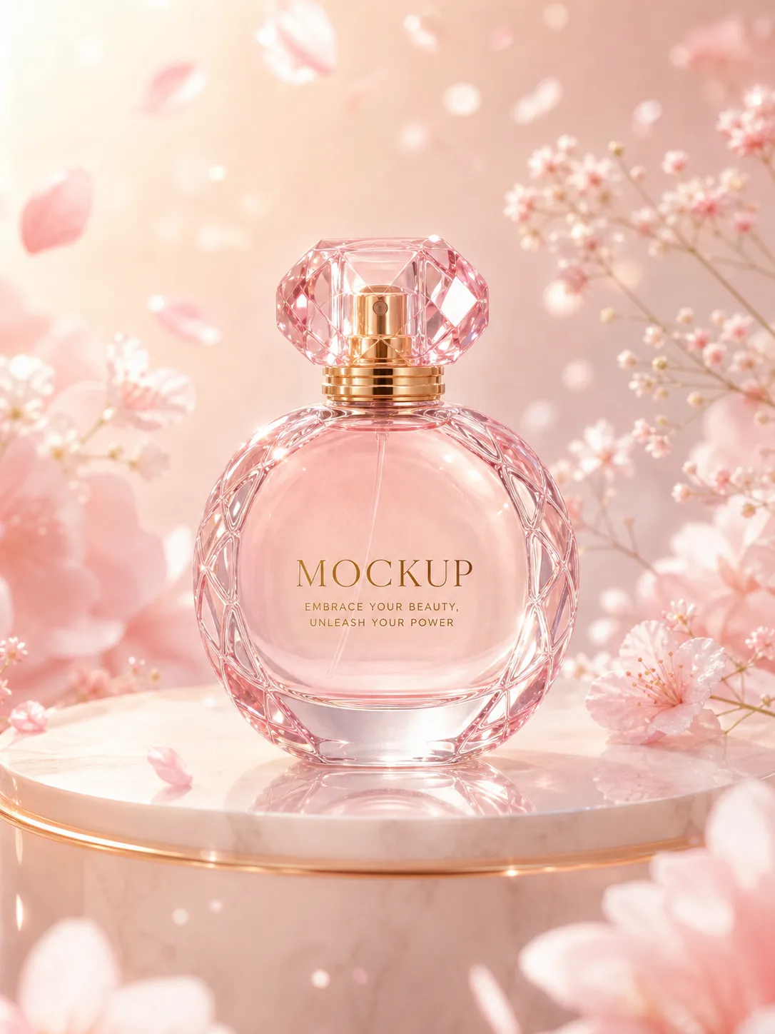 Pink Perfume Bottle Mockup with Flowers｜AI Image Generation Prompts