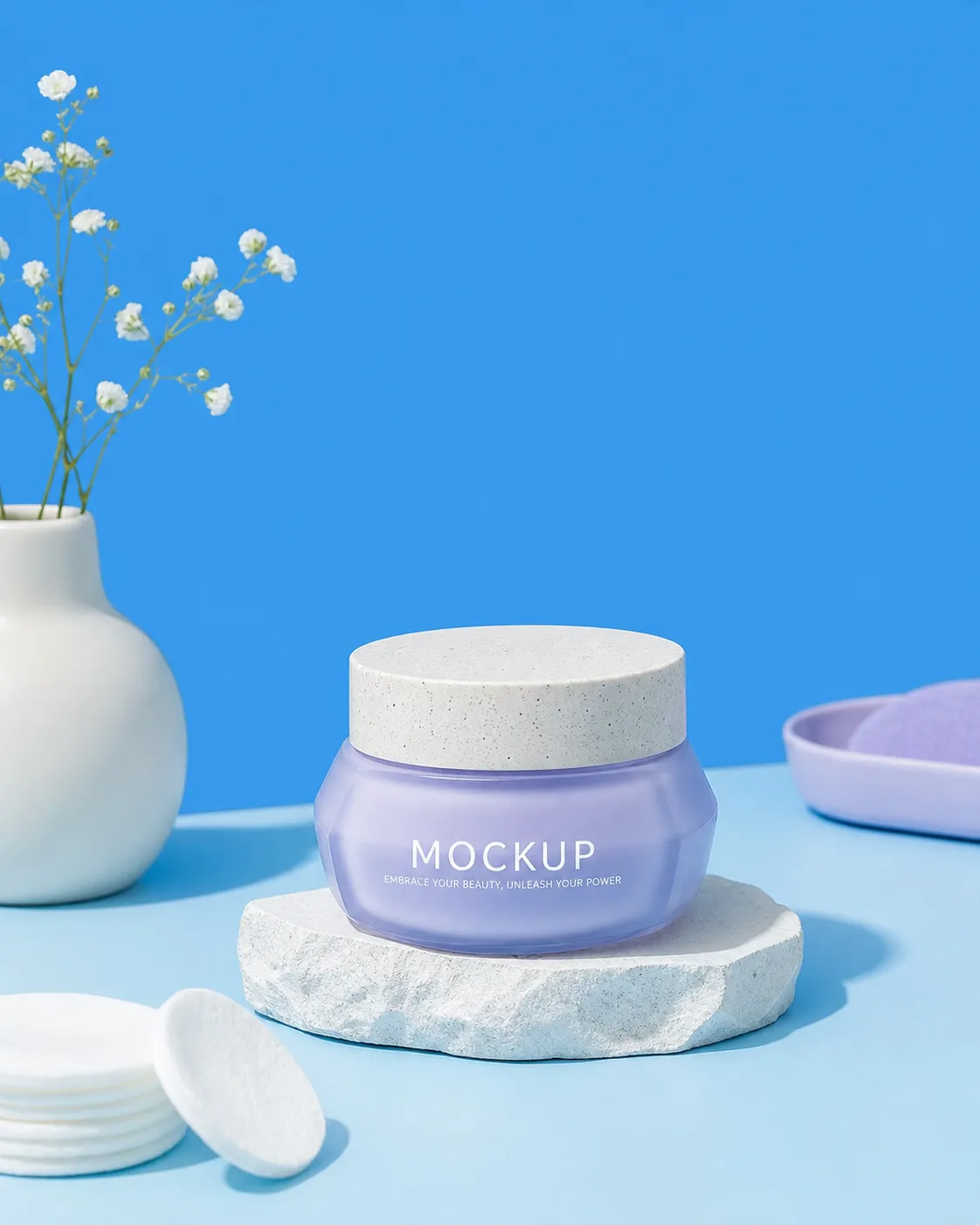 Purple Cosmetic Jar Mockup on Stone Pedestal｜AI Image Generation Prompts