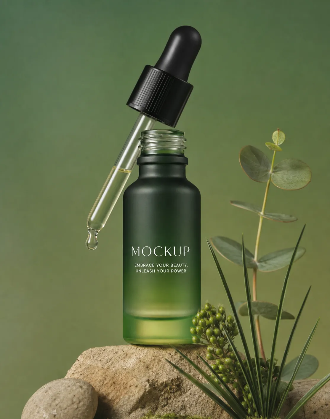 Green dropper bottle mockup with plants on rock｜AI Image Generation Prompts