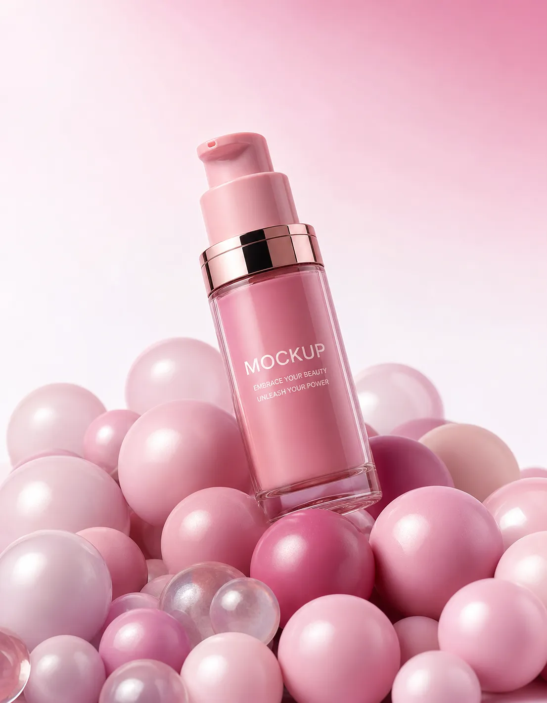 Pink pump bottle mockup surrounded by spheres｜AI Image Generation Prompts