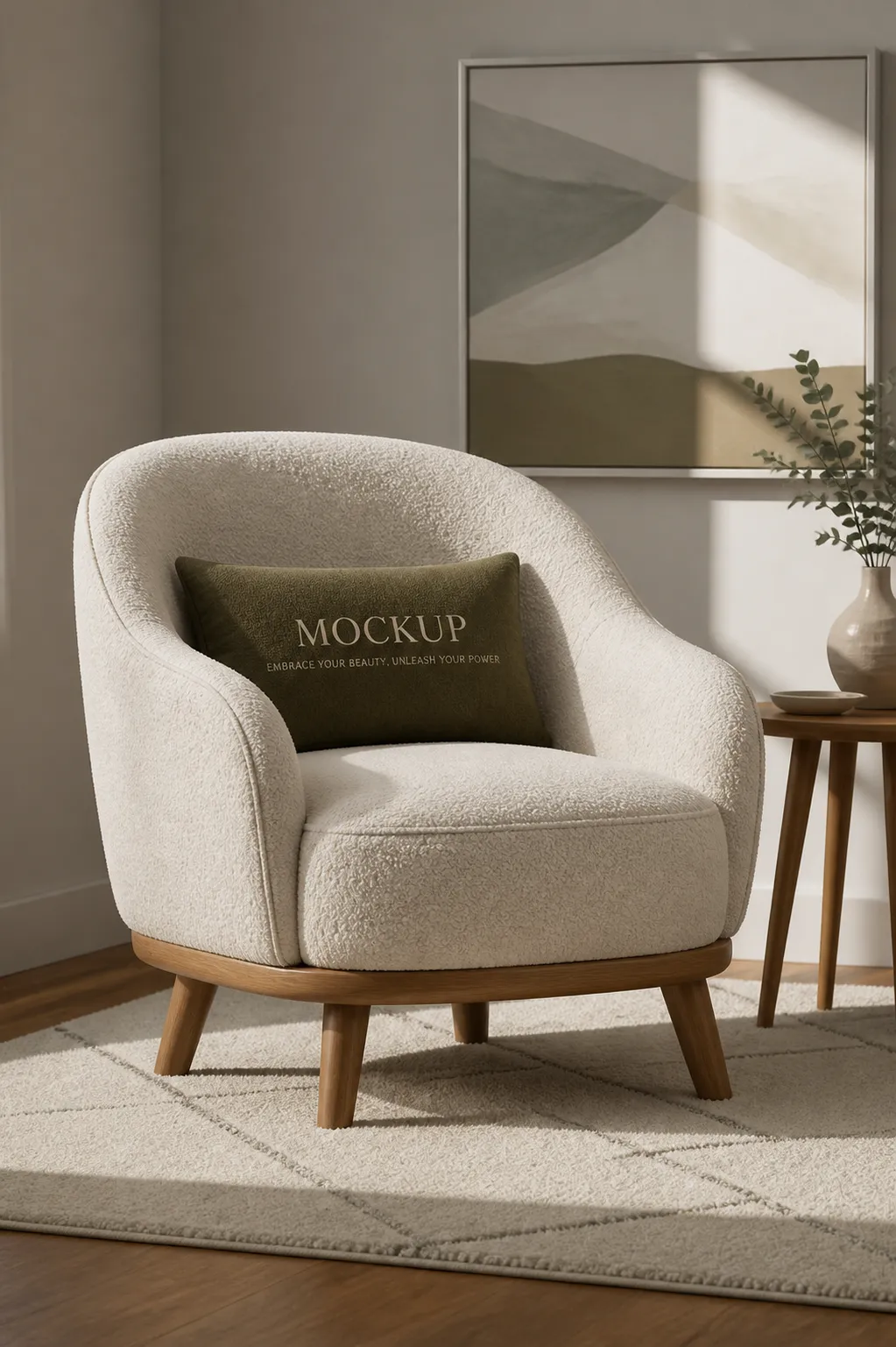 White Armchair with Green Mockup Pillow｜AI Image Generation Prompts
