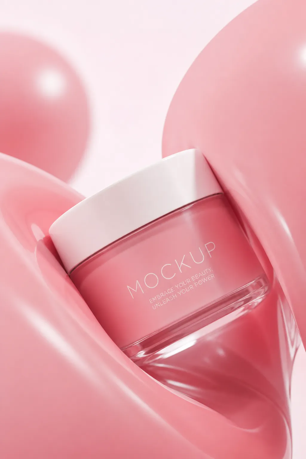 Pink Cosmetic Jar Mockup with Fluid Shapes｜AI Image Generation Prompts