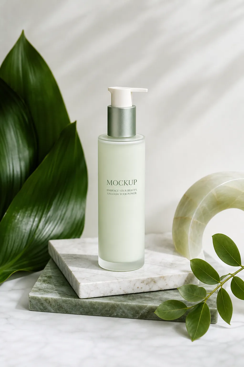 Minimalist Skincare Bottle Mockup on Marble Slabs｜AI Image Generation Prompts