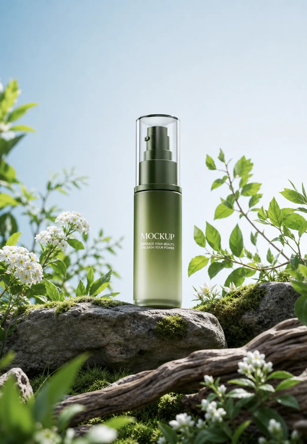 Green cosmetic bottle mockup on a rock in nature｜AI Image Generation Prompts