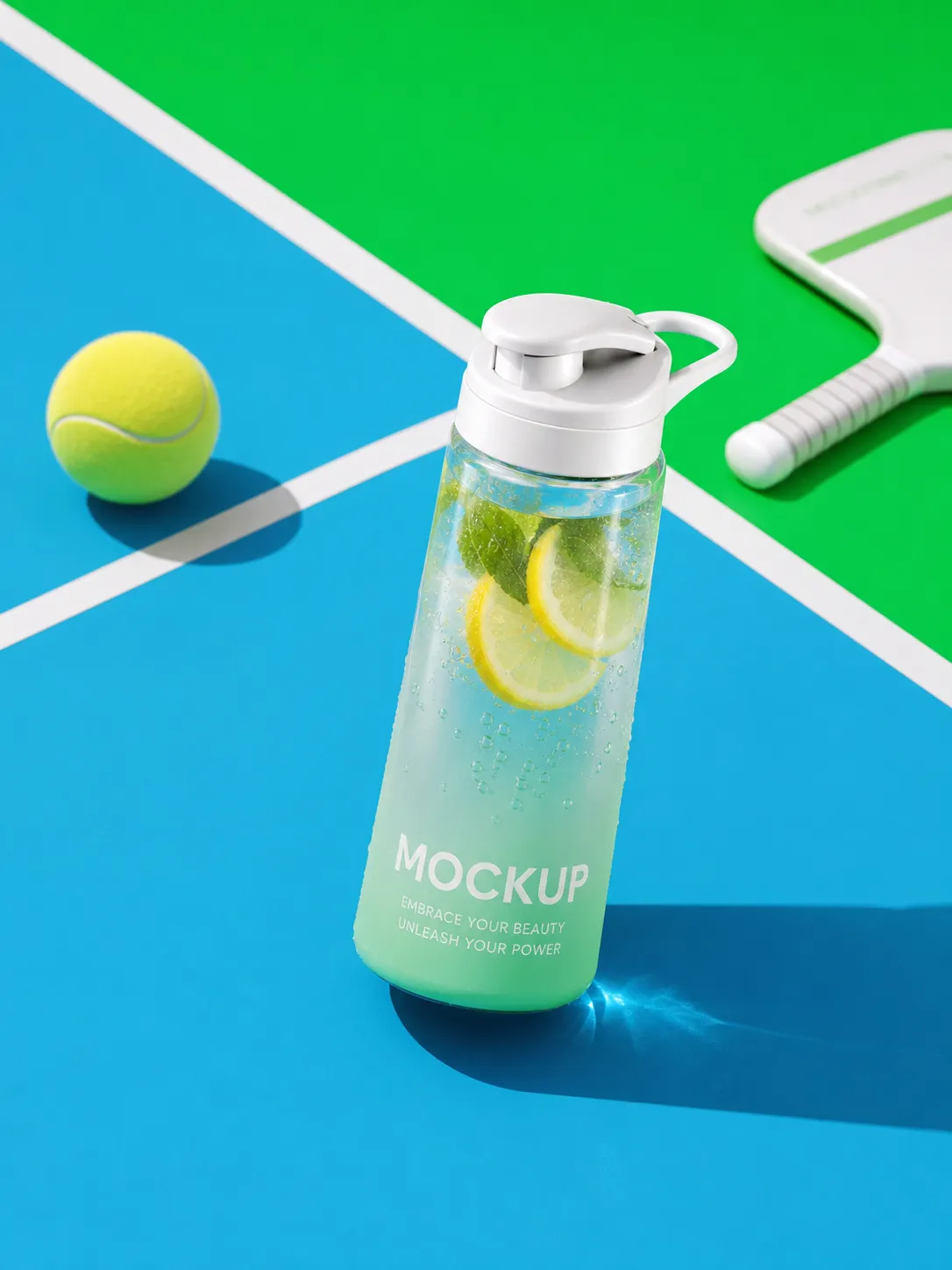 Water Bottle Mockup with Lemon on Tennis Court｜AI Image Generation Prompts