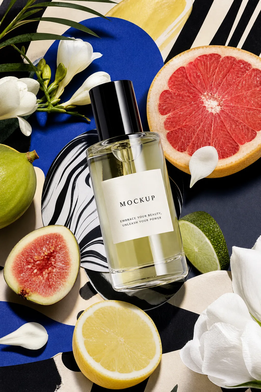 Perfume Bottle Mockup with Citrus Fruits and Flowers｜AI Image Generation Prompts