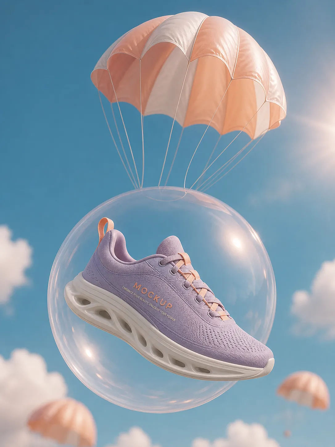 Purple sneaker mockup in bubble with parachute｜AI Image Generation Prompts
