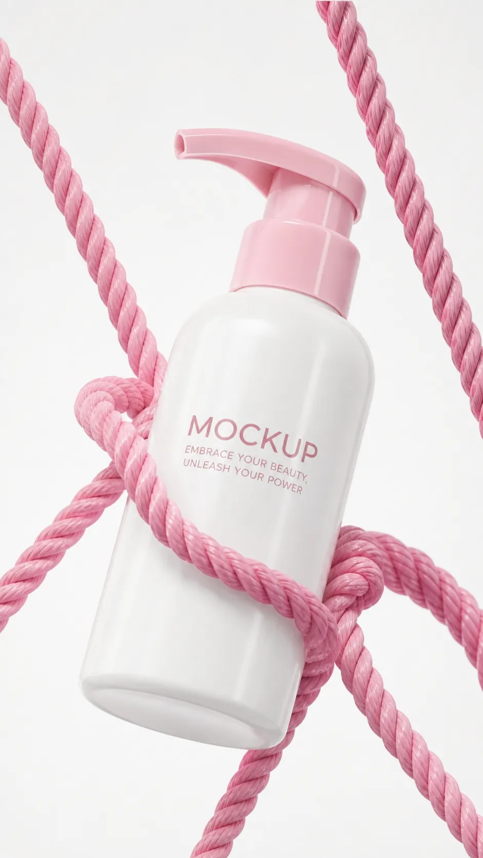 White Pump Bottle Mockup Tied With Pink Ropes｜AI Image Generation Prompts