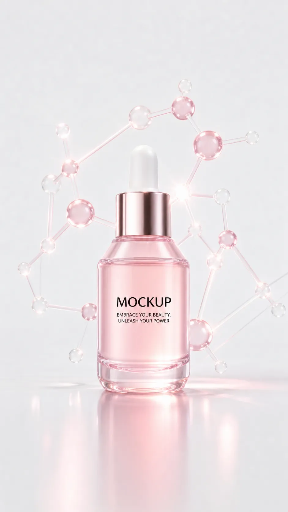 Pink Glass Dropper Bottle Mockup with Molecule Structure｜AI Image Generation Prompts