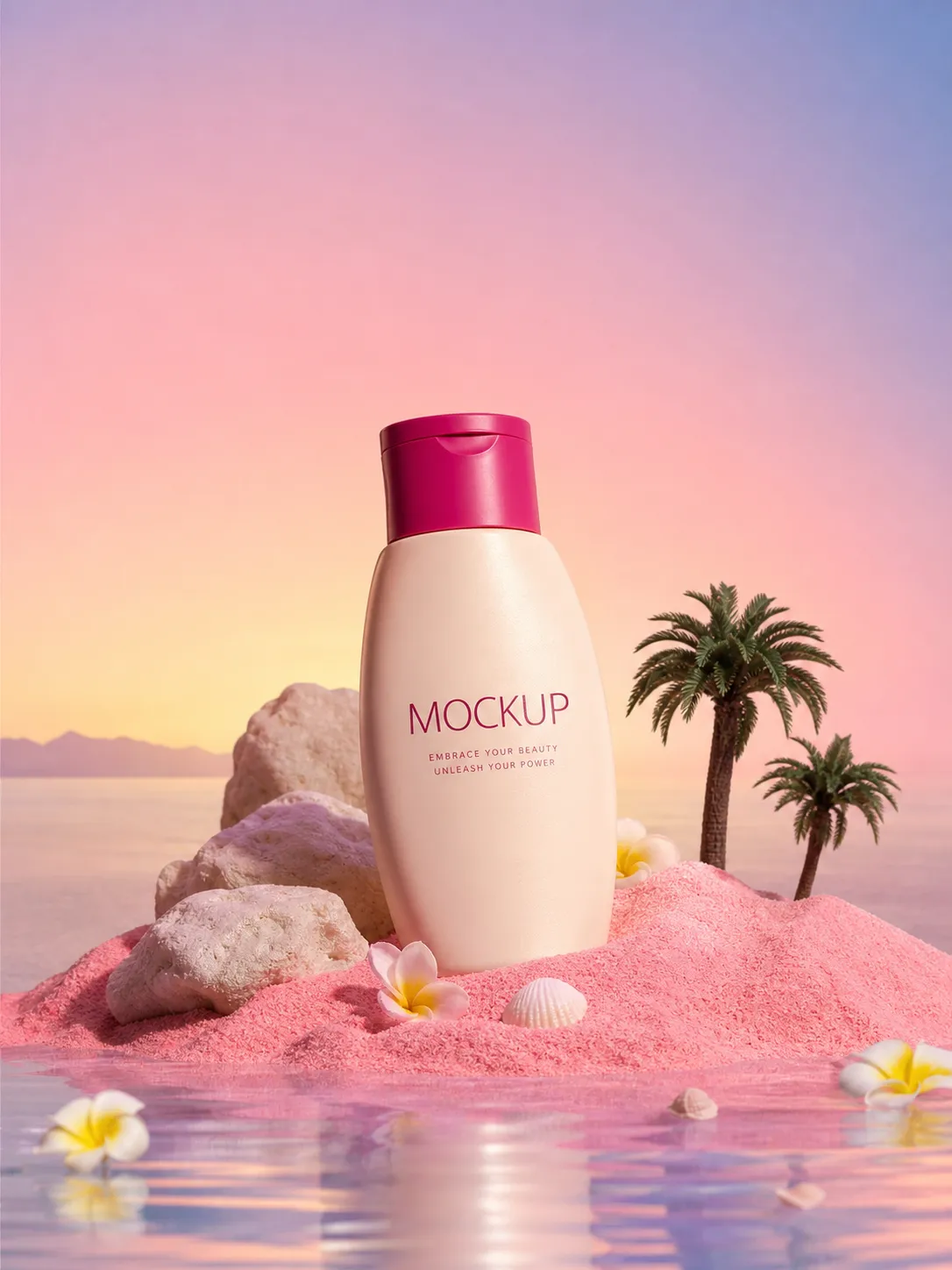 Cosmetic Bottle Mockup on Pink Sandy Beach with Palm Trees｜AI Image Generation Prompts