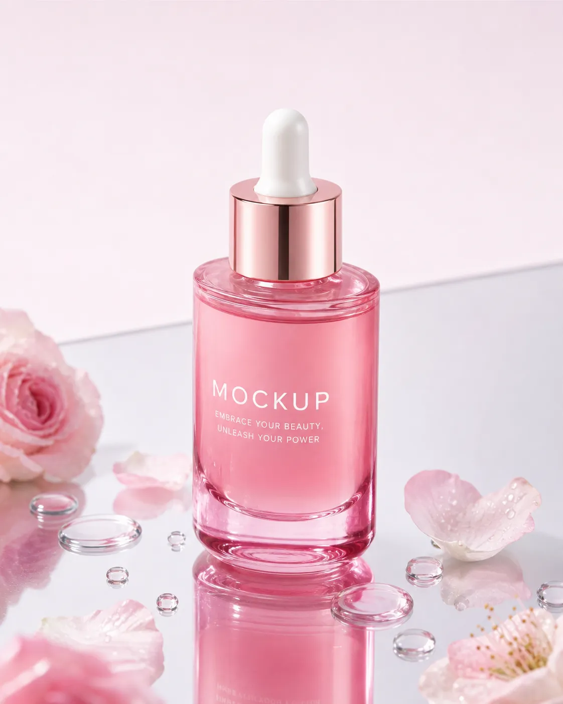 Pink Glass Dropper Bottle Mockup with Rose Petals｜AI Image Generation Prompts