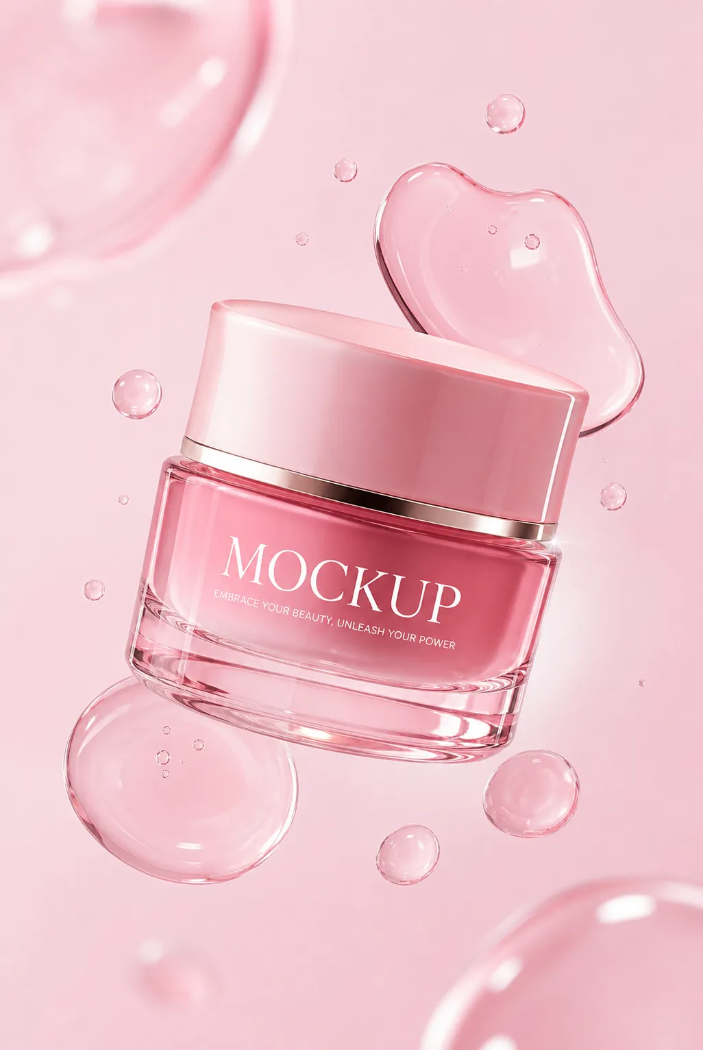 Pink cosmetic jar mockup with water droplets｜AI Image Generation Prompts