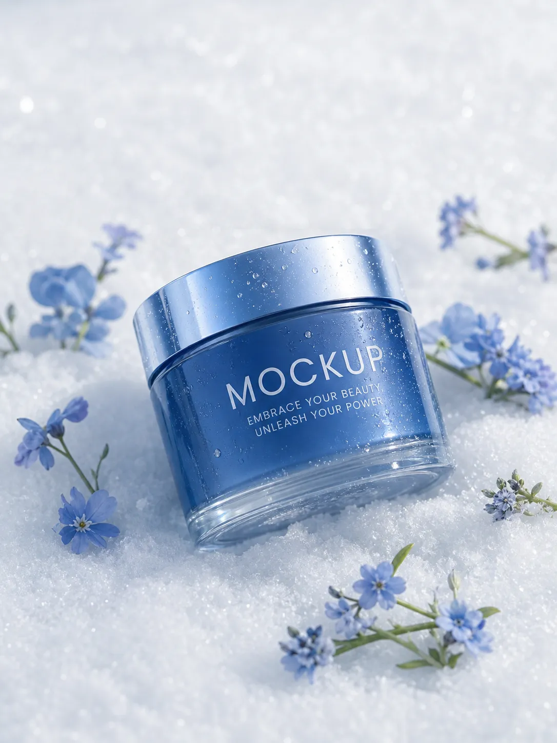 Blue Cosmetic Jar Mockup in Snow with Flowers｜AI Image Generation Prompts