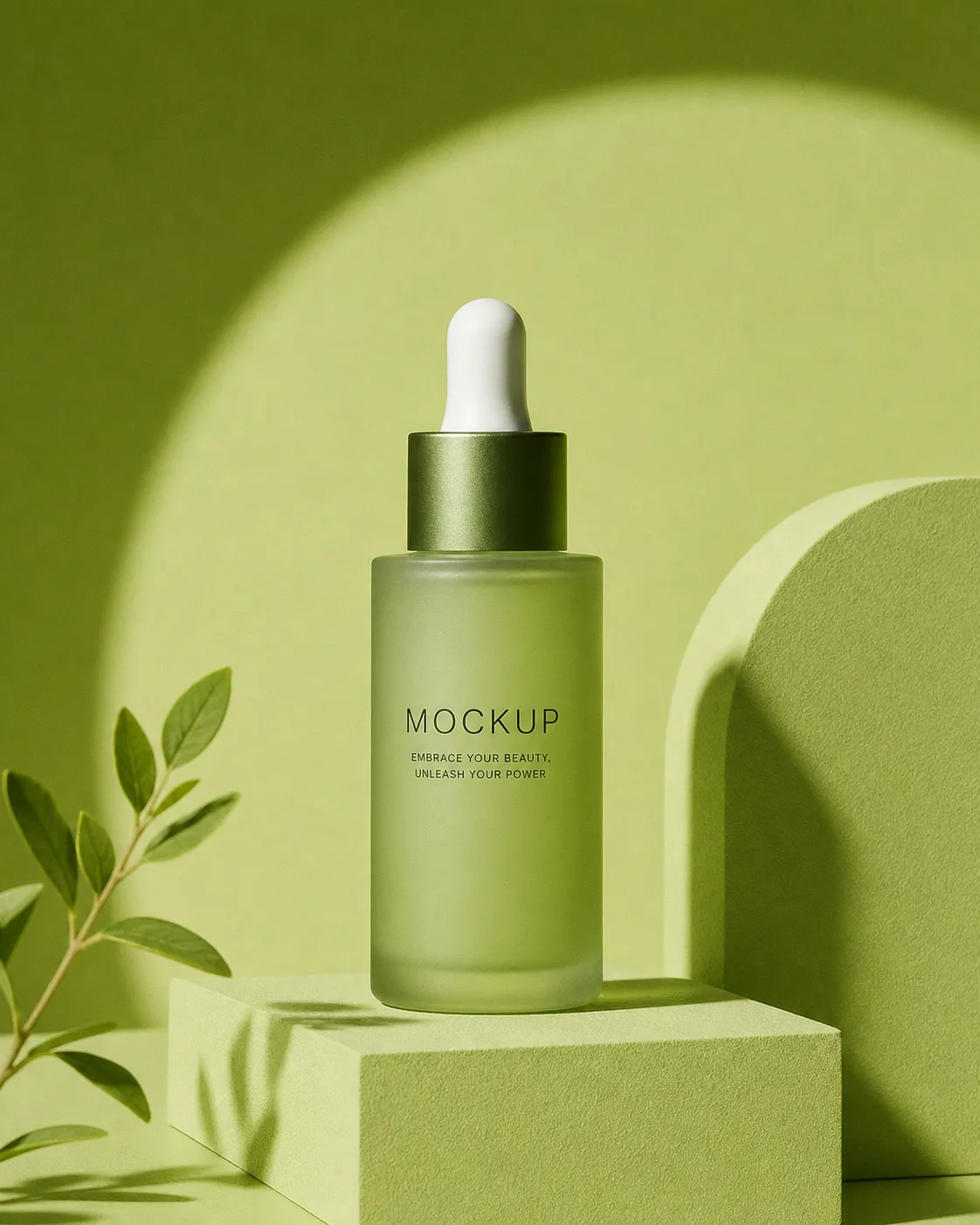 Green Frosted Dropper Bottle Mockup on Podium｜AI Image Generation Prompts