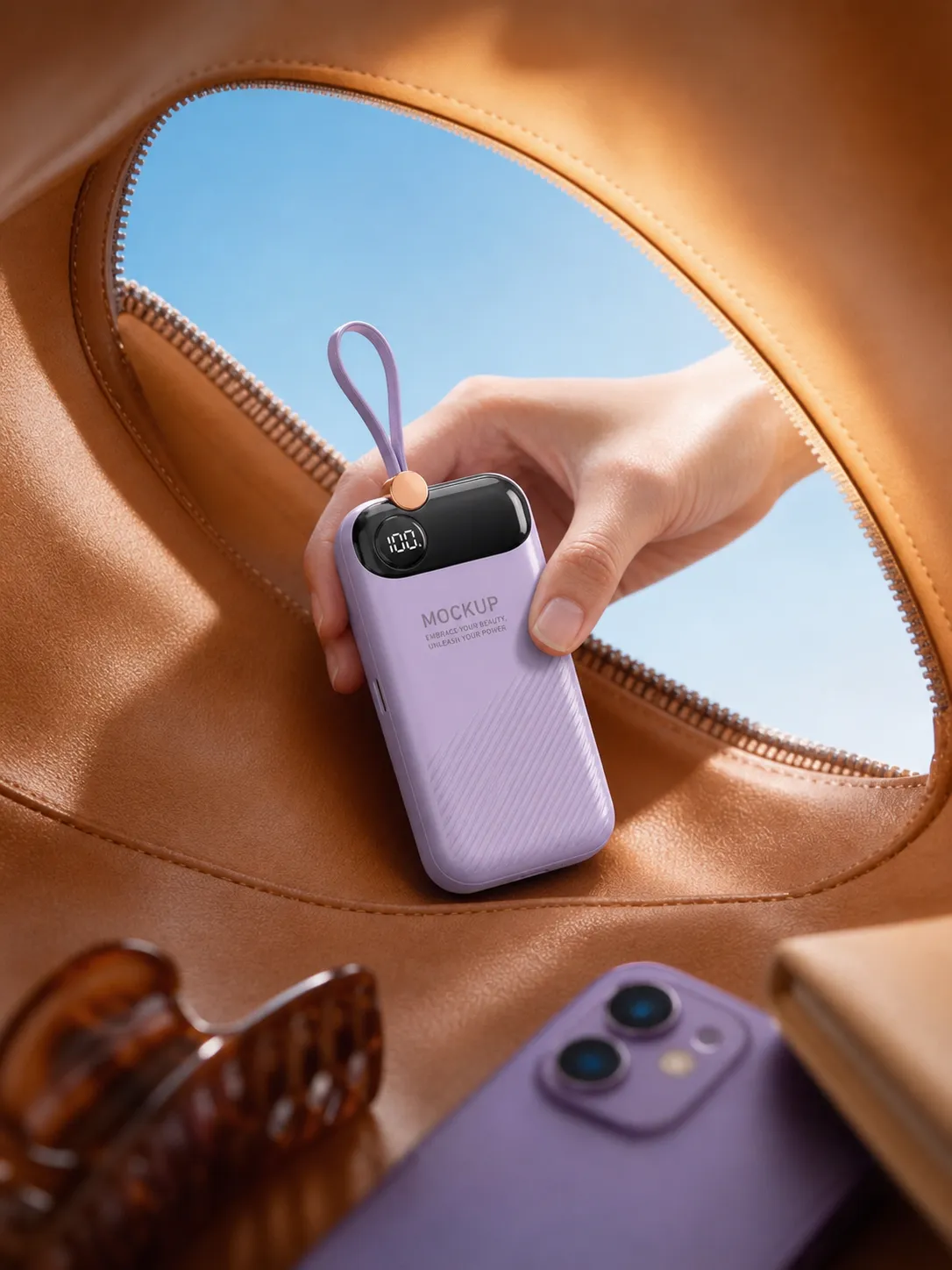 Purple Power Bank Mockup Held in Bag｜AI Image Generation Prompts