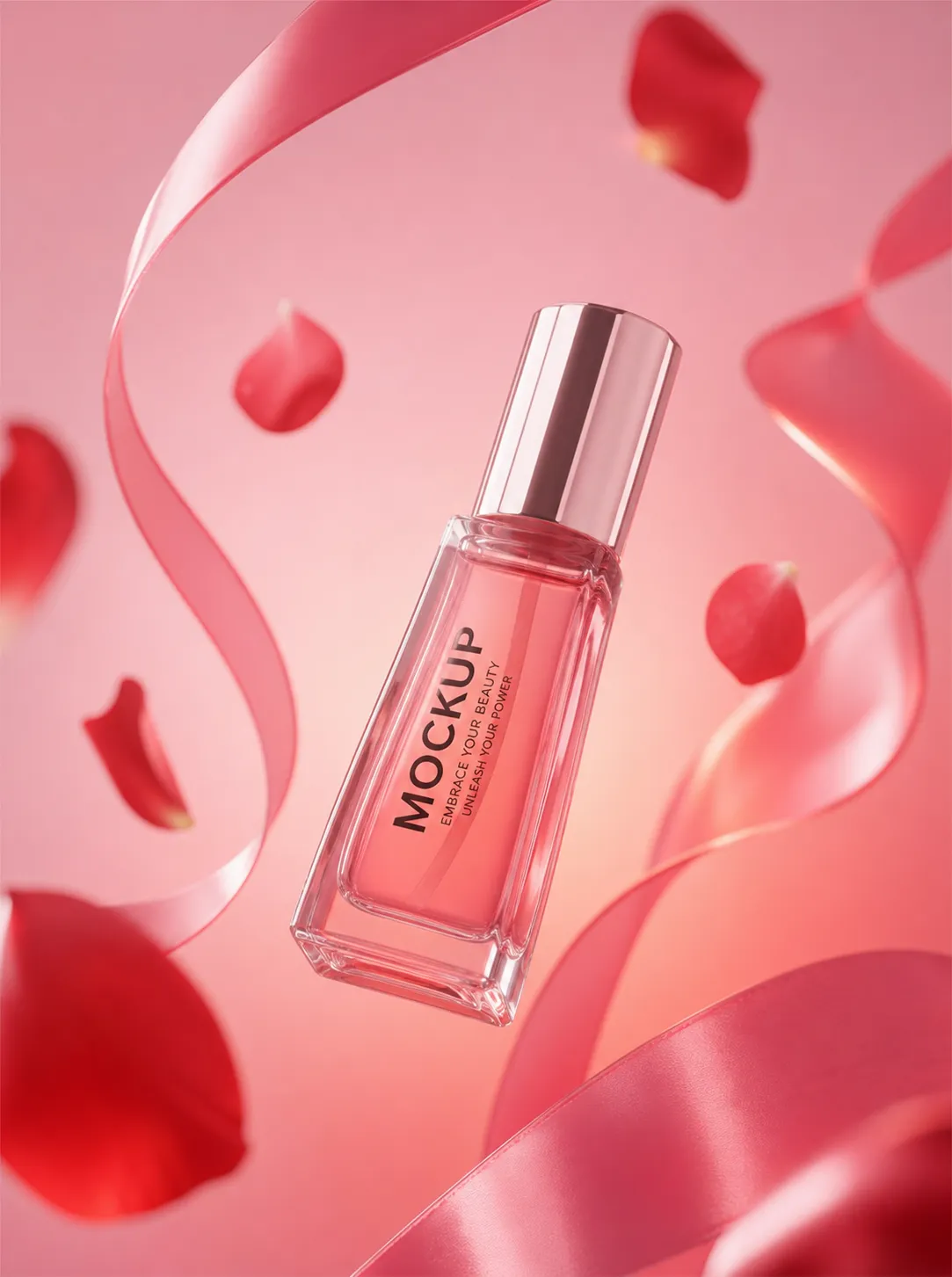Pink Perfume Bottle Mockup with Rose Petals and Ribbons｜AI Image Generation Prompts