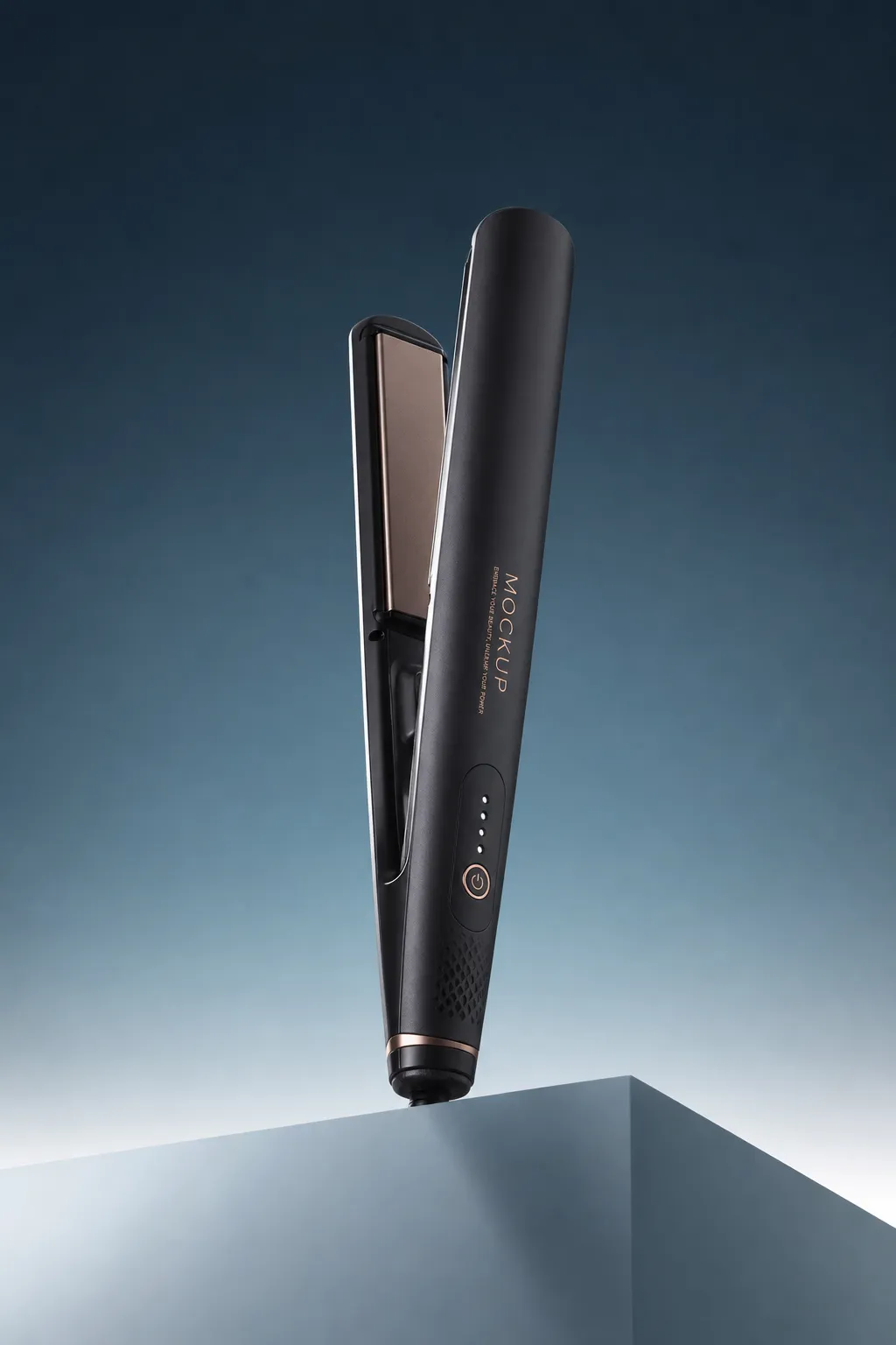 Black Hair Straightener Mockup on Blue Background｜AI Image Generation Prompts