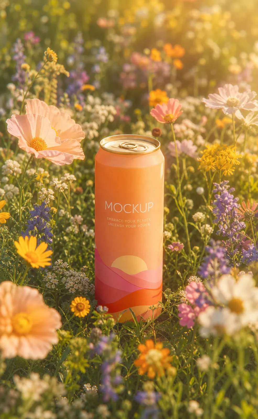 Orange beverage can mockup in a sunny wildflower field｜AI Image Generation Prompts