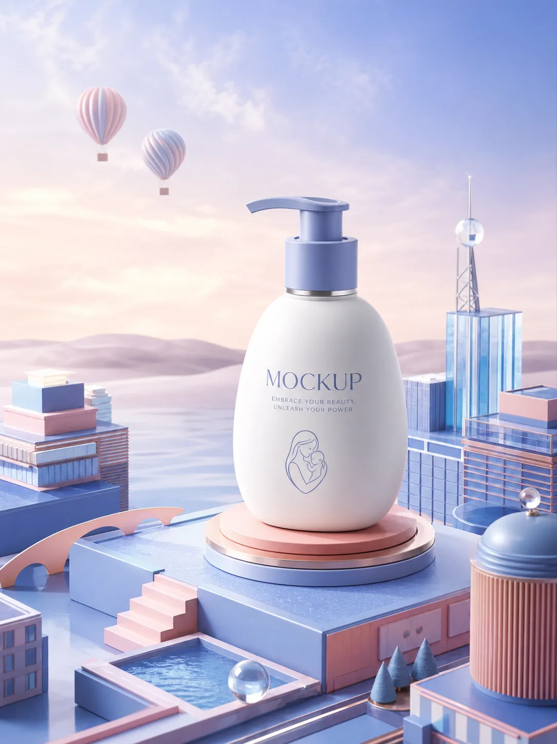 White Pump Bottle Mockup in Pastel 3D Cityscape｜AI Image Generation Prompts