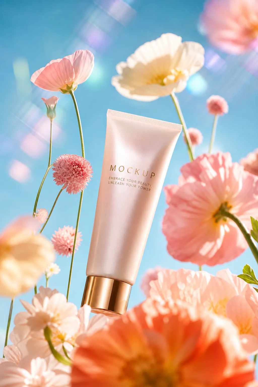 Cosmetic Tube Mockup Surrounded by Pink Flowers｜AI Image Generation Prompts
