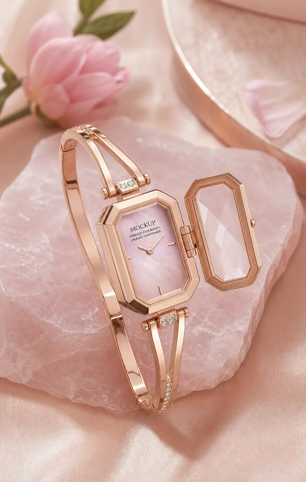 Rose Gold Bangle Watch Mockup with Pink Dial｜AI Image Generation Prompts