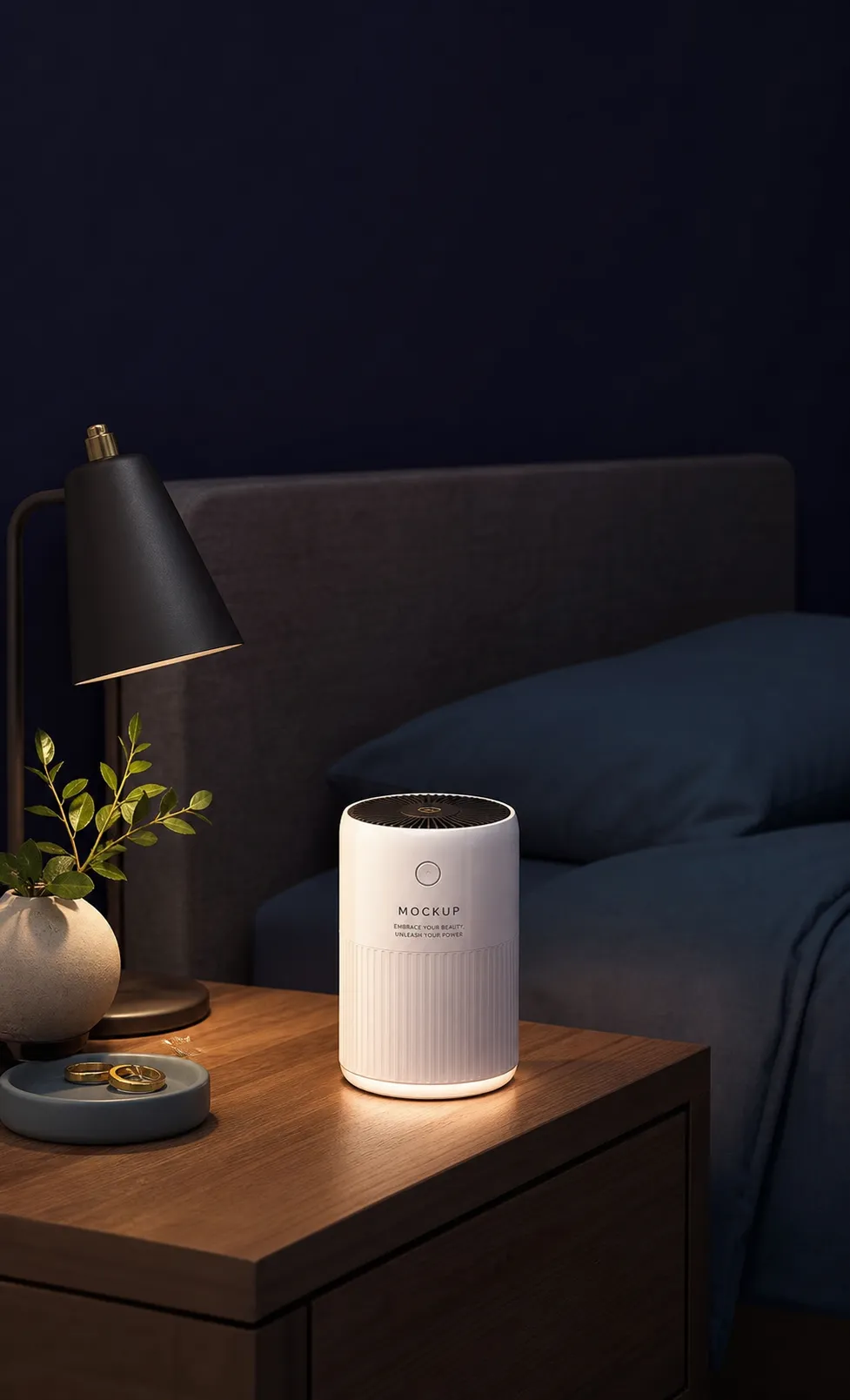 White cylindrical product mockup on bedroom nightstand｜AI Image Generation Prompts