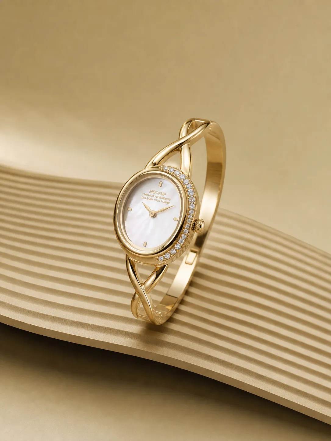 Elegant Gold Bangle Watch with Oval Dial｜AI Image Generation Prompts