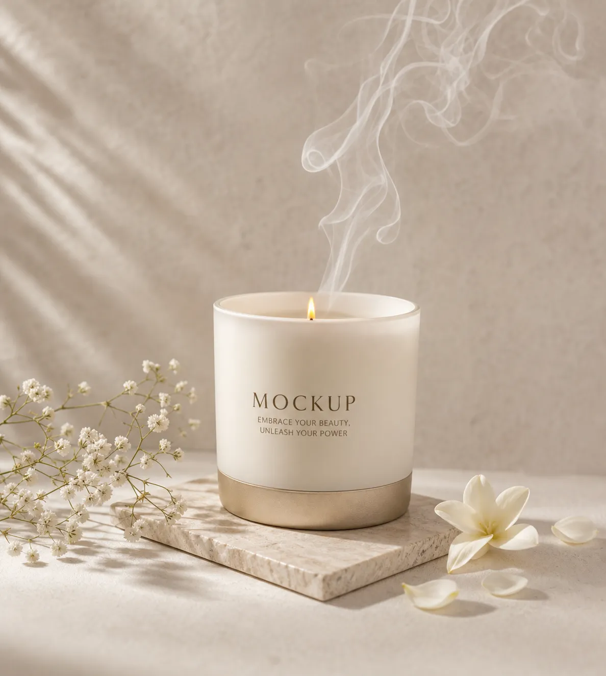 Elegant White Candle Mockup with Flowers and Smoke｜AI Image Generation Prompts