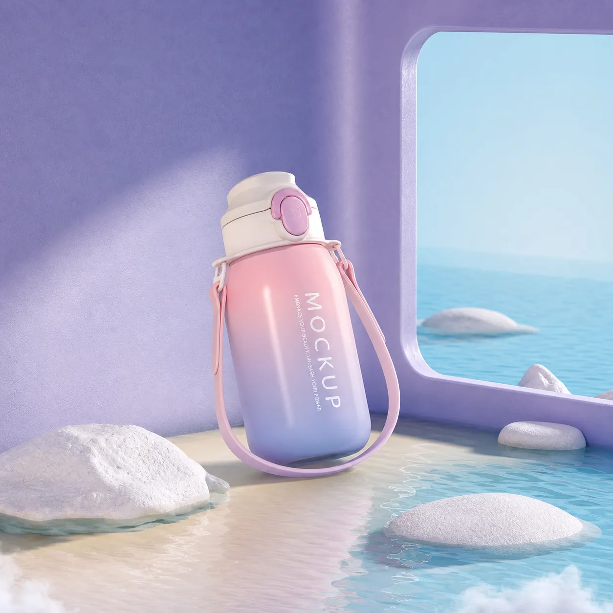 Pink and Purple Gradient Water Bottle Mockup｜AI Image Generation Prompts