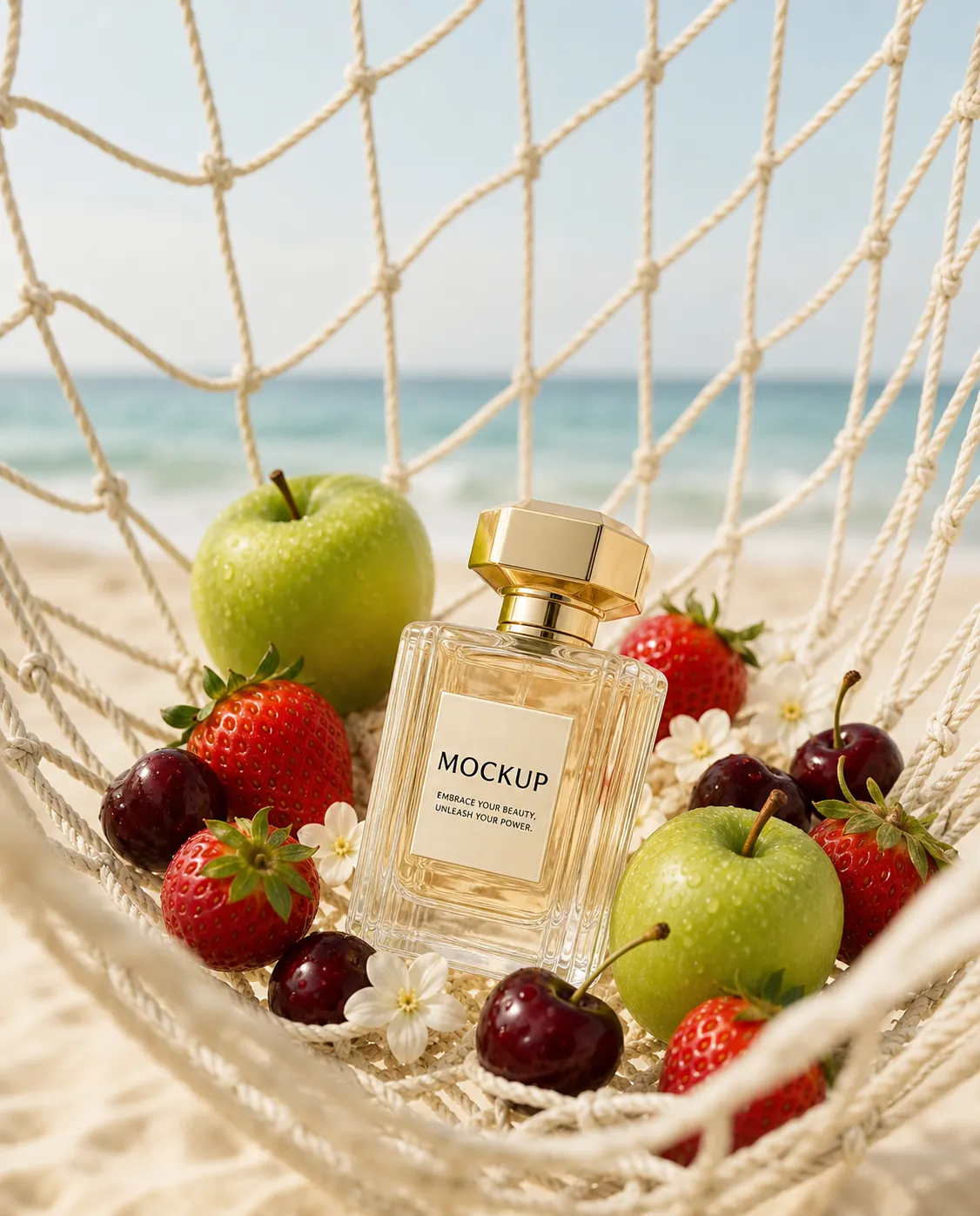 Perfume bottle mockup with fresh fruits in a beach hammock｜AI Image Generation Prompts
