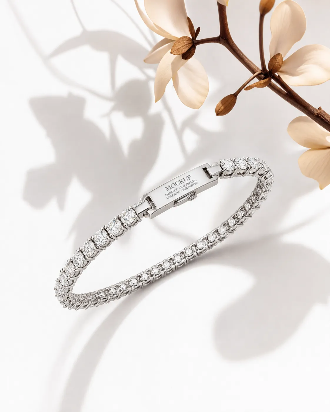 Silver Diamond Tennis Bracelet Mockup with Flowers｜AI Image Generation Prompts