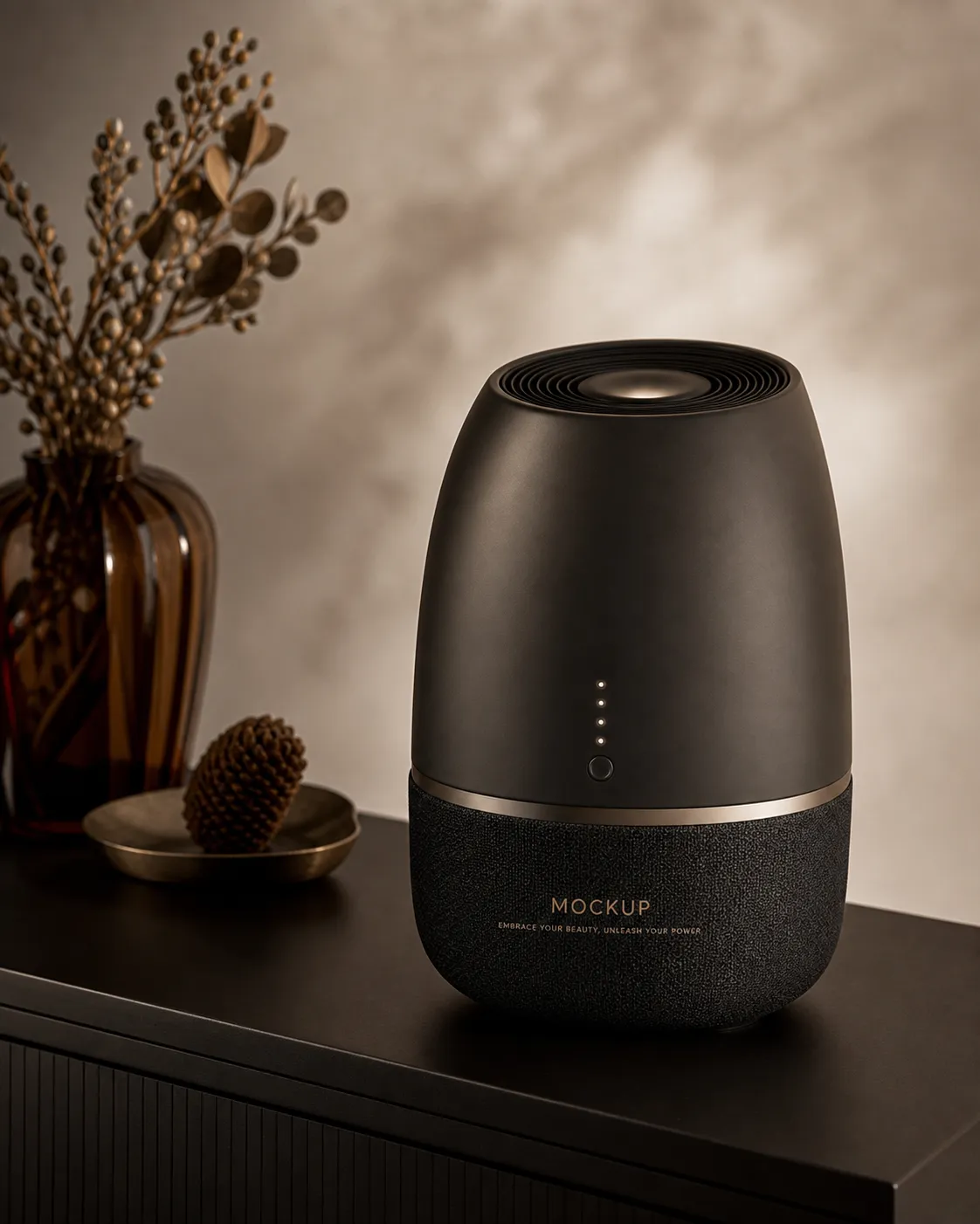 Black Smart Speaker Mockup on Dark Table｜AI Image Generation Prompts
