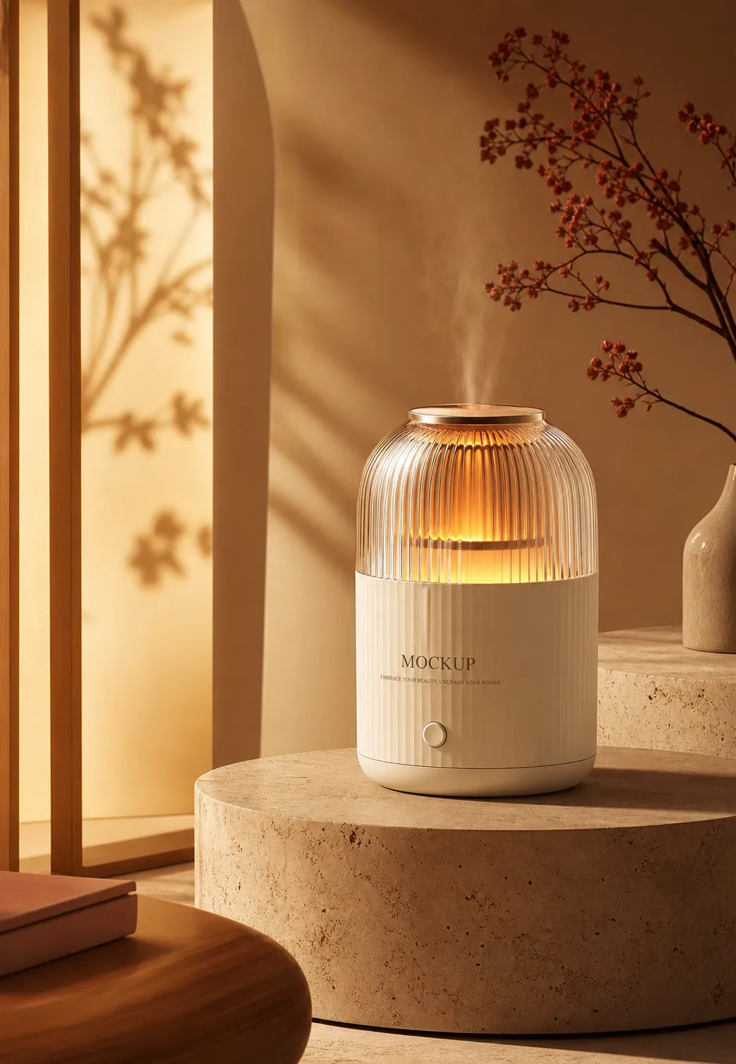 Humidifier Mockup with Warm Light on Stone Pedestal｜AI Image Generation Prompts