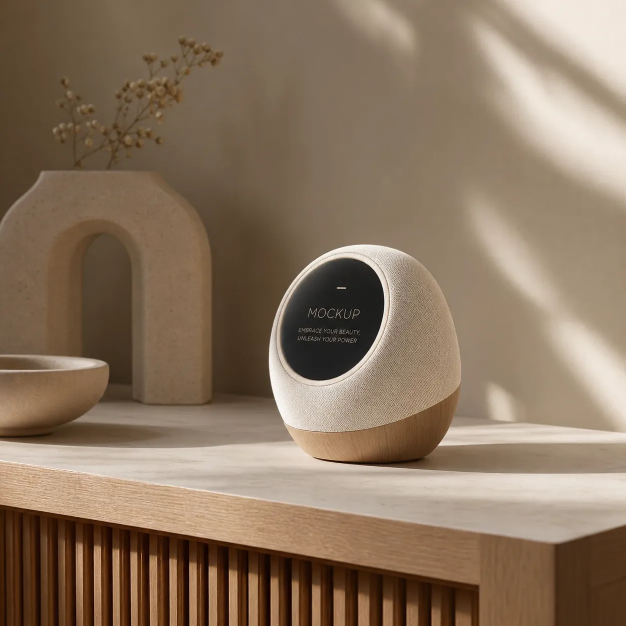 Minimalist smart speaker mockup on wooden console table｜AI Image Generation Prompts
