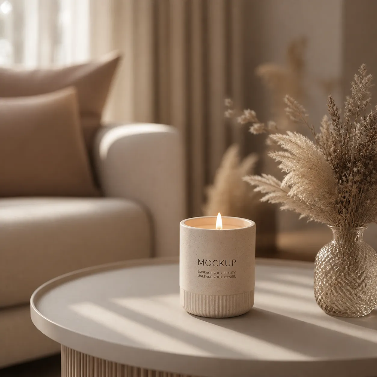 Beige candle mockup on a round table in a living room｜AI Image Generation Prompts