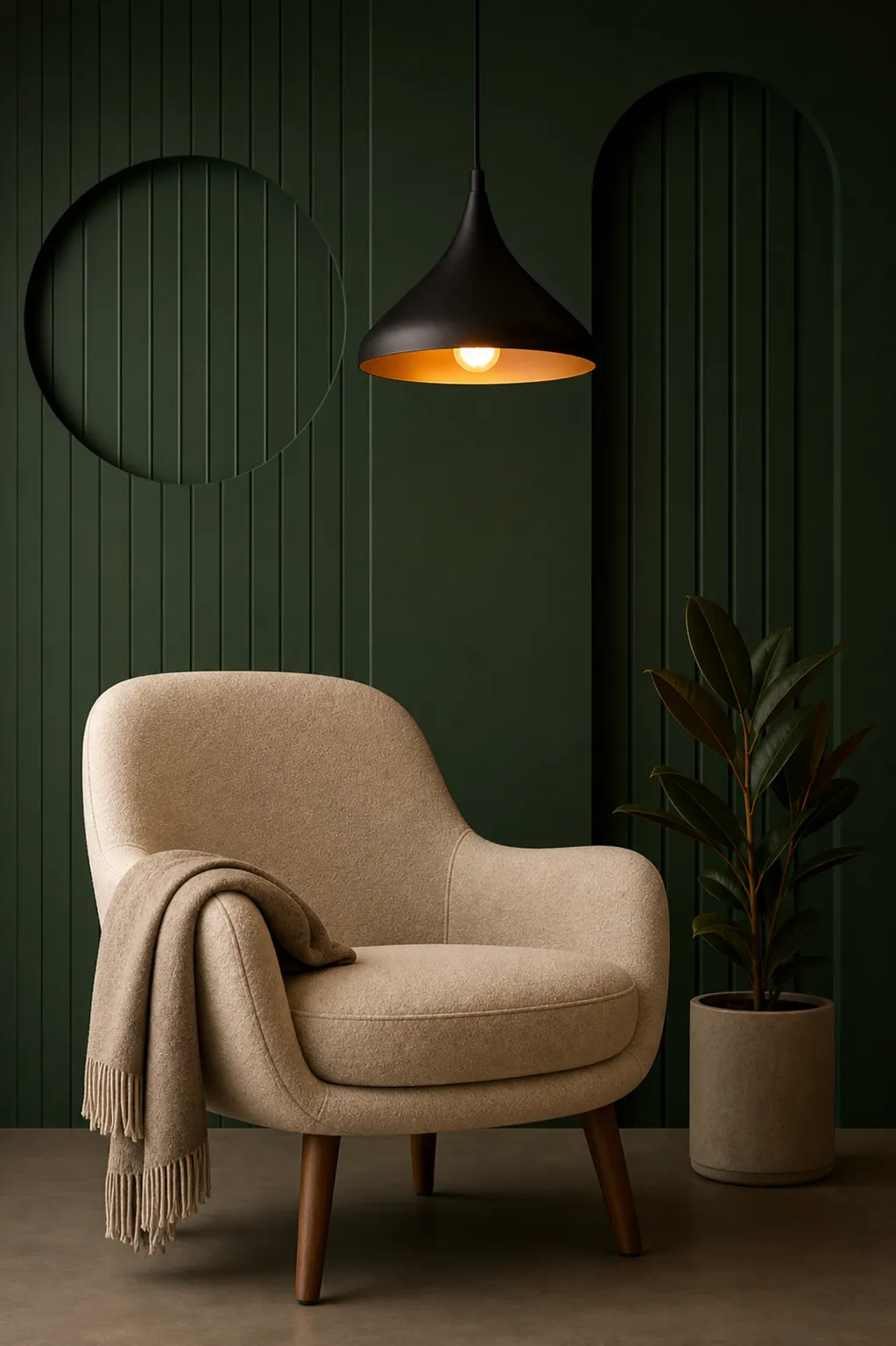 Modern Beige Armchair in Dark Green Interior｜AI Image Generation Prompts