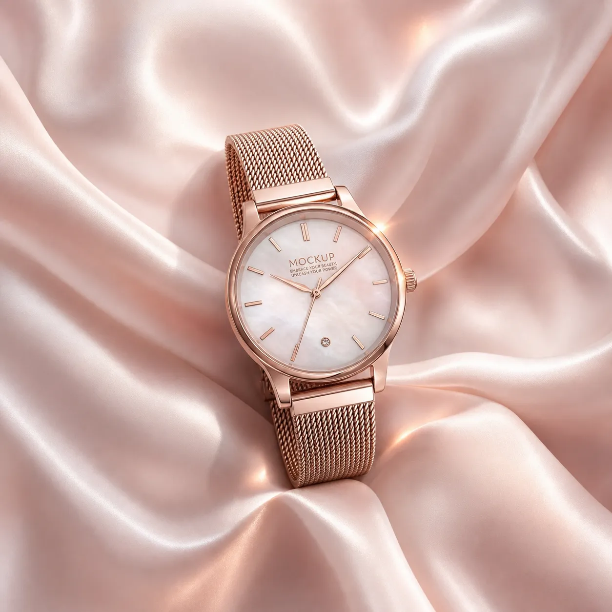 Rose Gold Mesh Watch Mockup on Pink Silk Fabric｜AI Image Generation Prompts