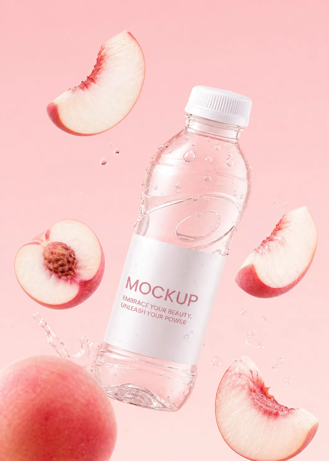 Peach Water Bottle Mockup with Fresh Fruit Slices｜AI Image Generation Prompts