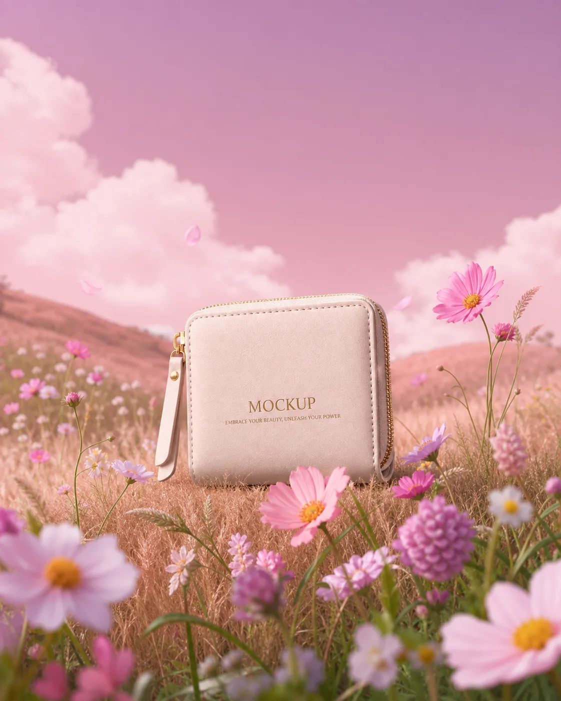 Square Cosmetic Bag Mockup in Flower Field｜AI Image Generation Prompts