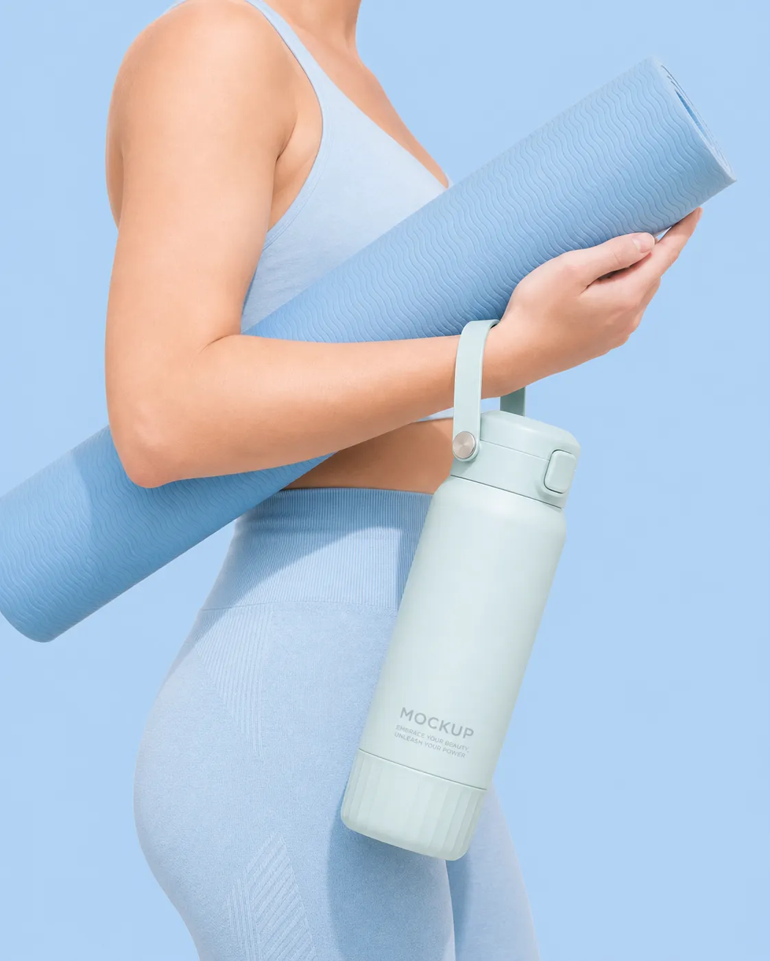 Woman holding yoga mat and water bottle mockup｜AI Image Generation Prompts