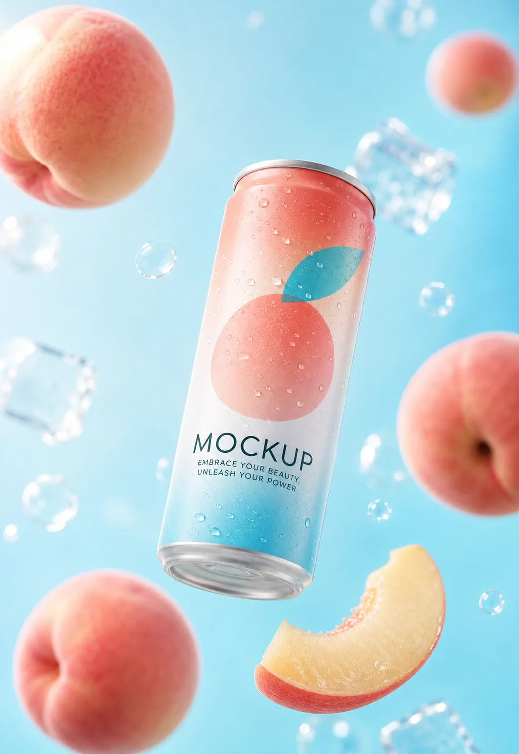 Peach Drink Can Mockup with Floating Fruit and Ice｜AI Image Generation Prompts