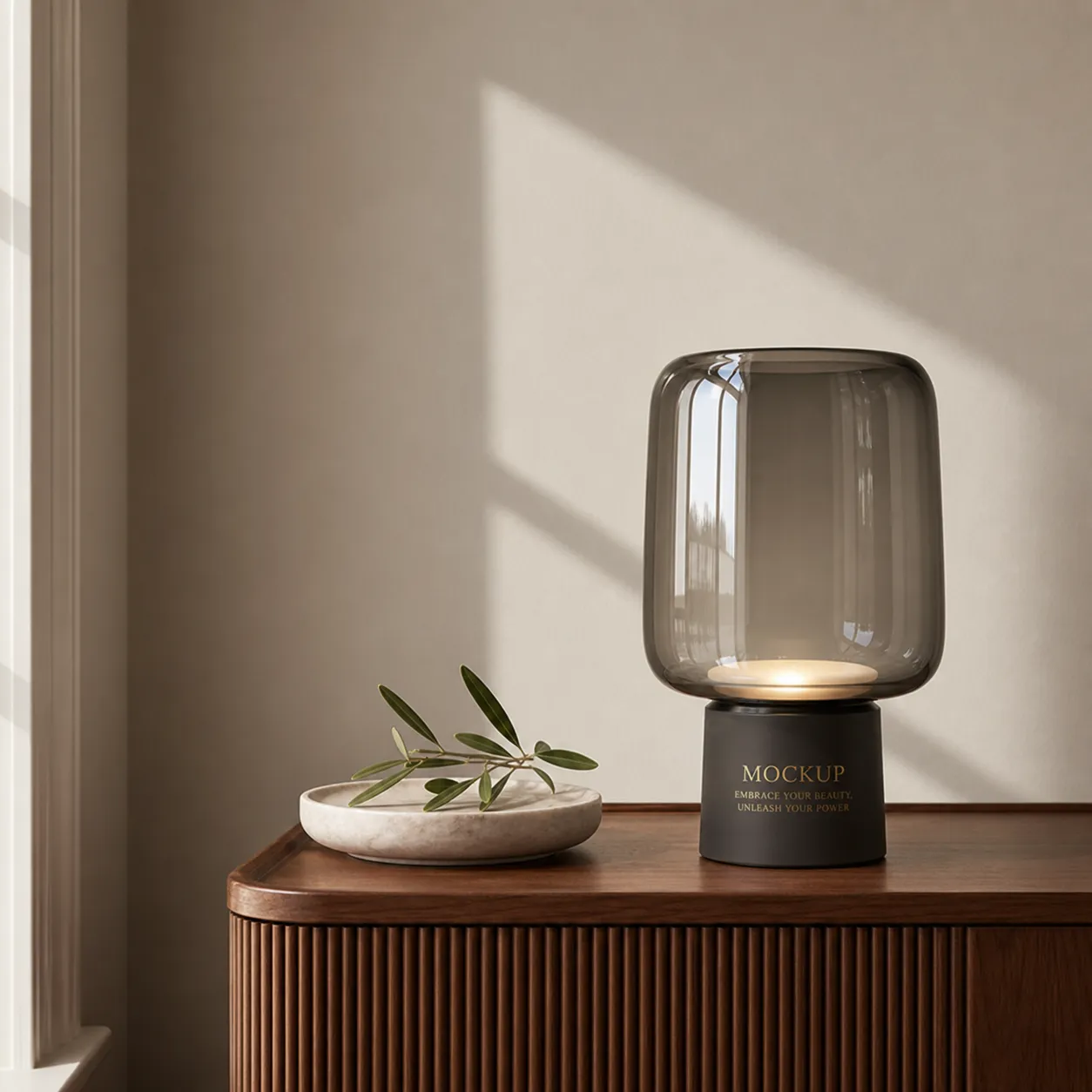 Modern Glass Lamp Mockup on Wooden Cabinet｜AI Image Generation Prompts