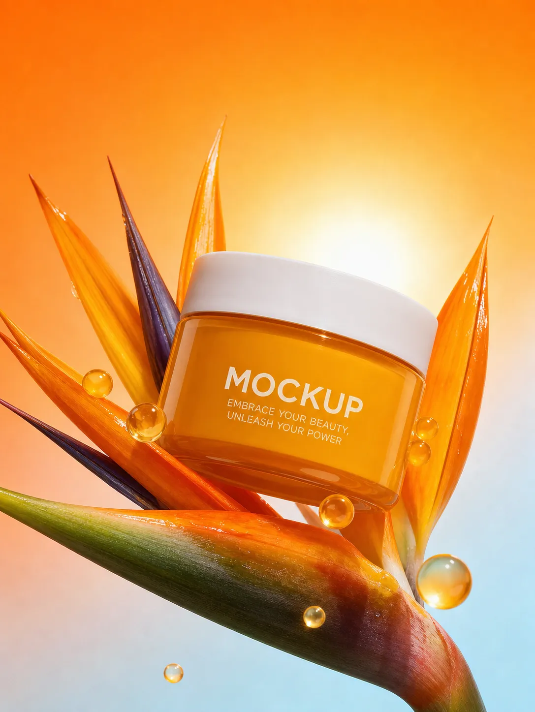 Cosmetic Jar Mockup on Bird of Paradise Flower｜AI Image Generation Prompts