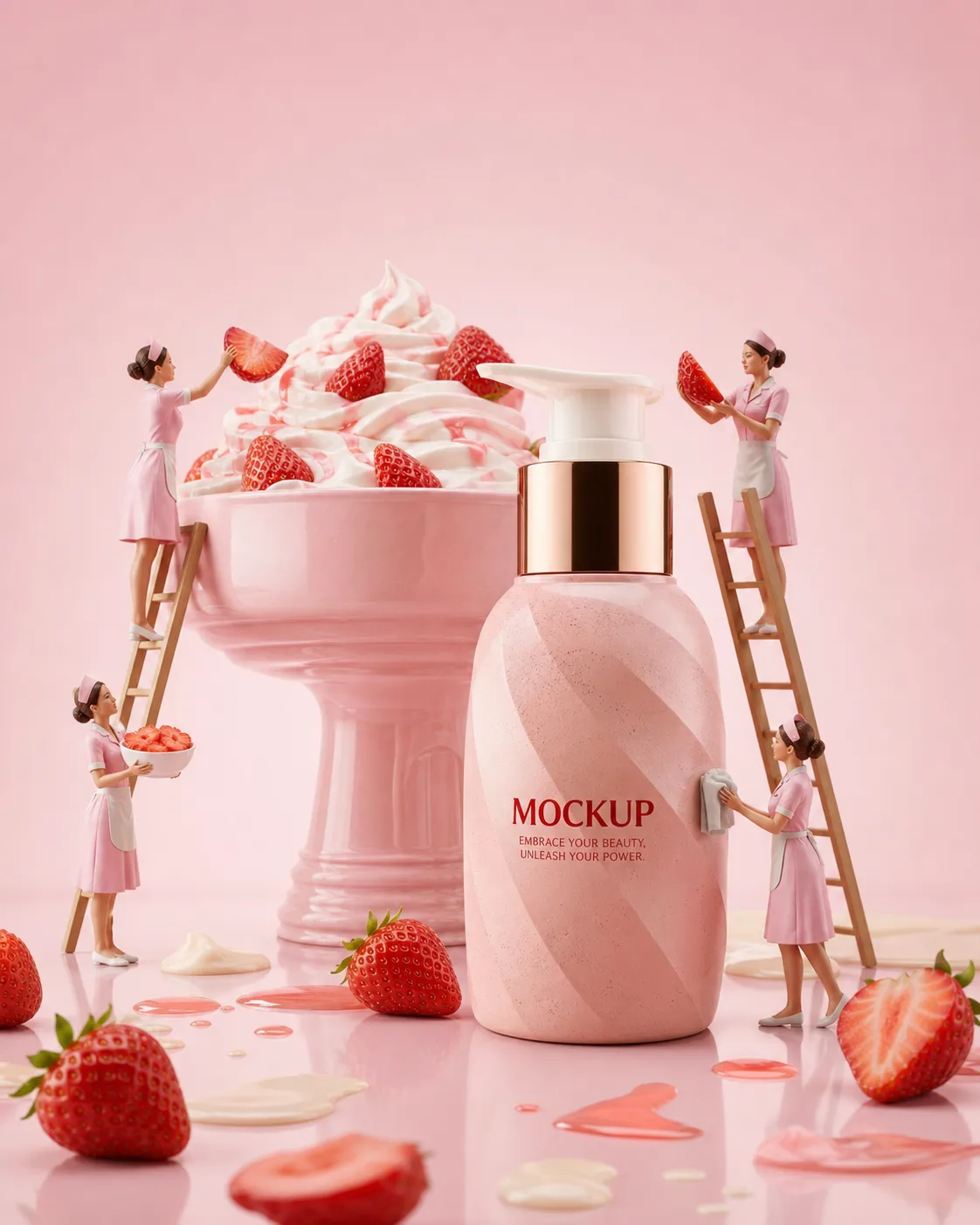 Pink bottle mockup with strawberry cream and mini figures｜AI Image Generation Prompts